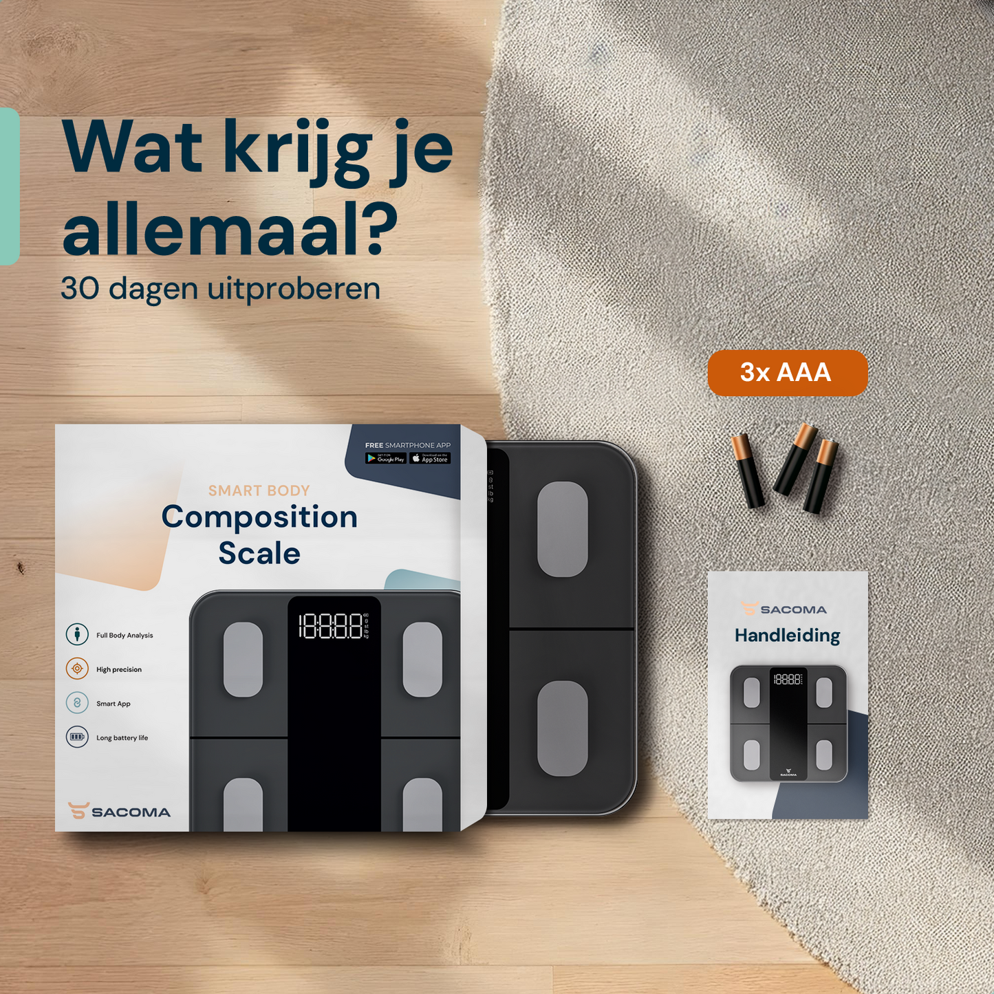 Sacoma Edge weegschaal inclusief verpakking, handleiding en AAA batterijen