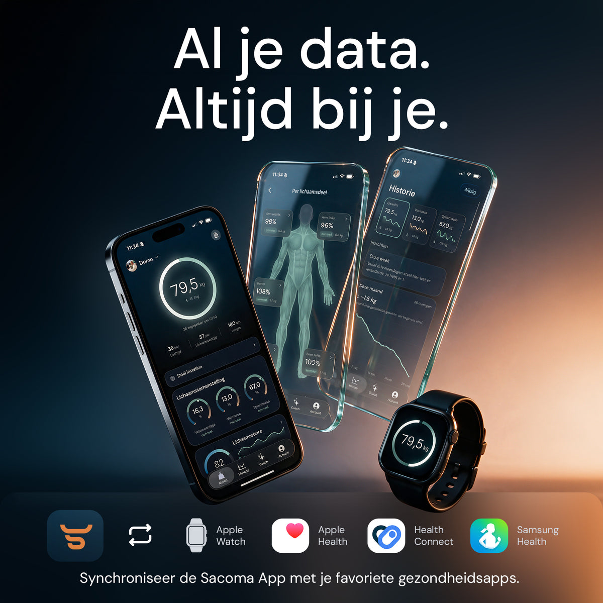 Sacoma-app op telefoon en smartwatch, met koppeling naar Apple Health, Health Connect en Samsung Health