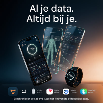 Sacoma-app op telefoon en smartwatch, met koppeling naar Apple Health, Health Connect en Samsung Health
