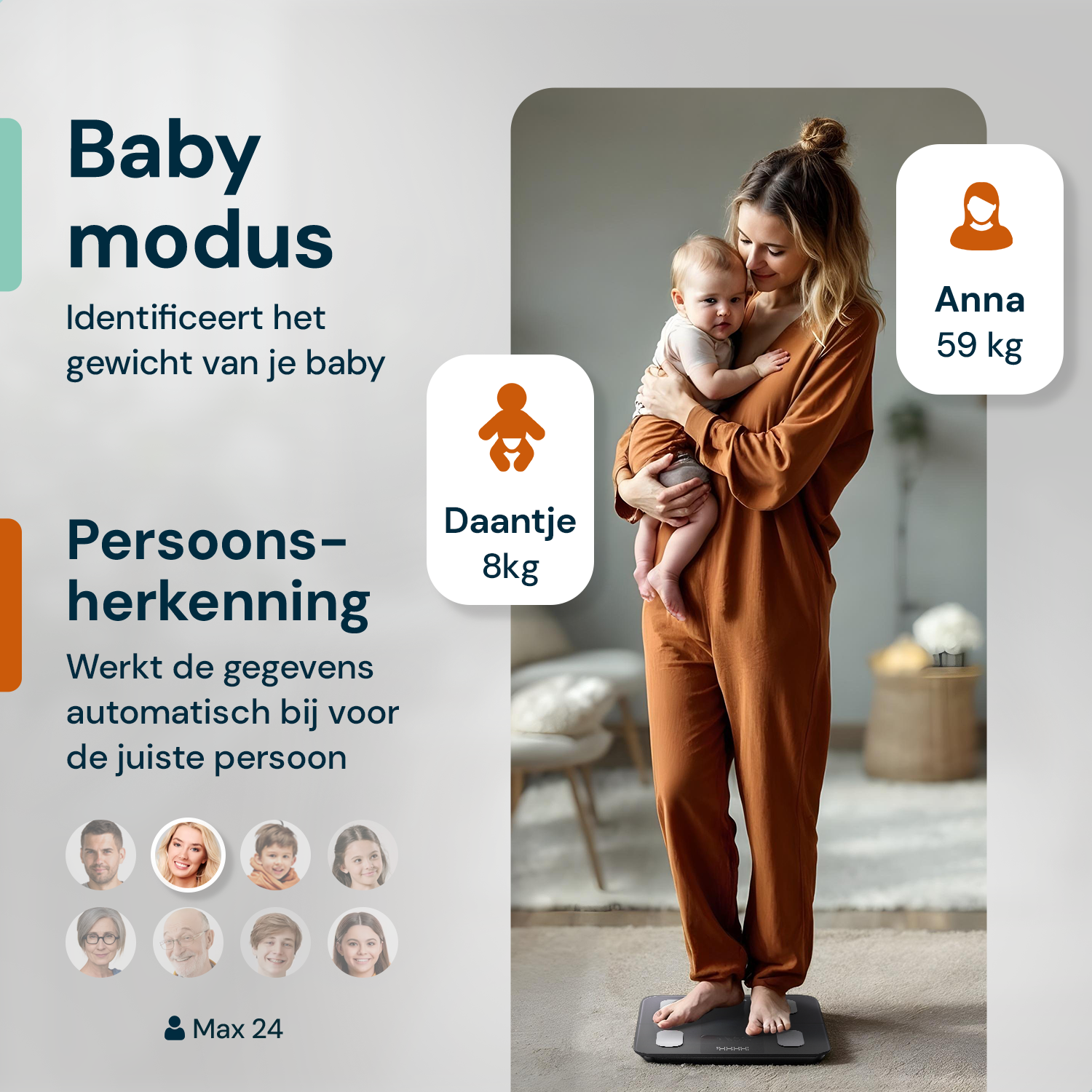 Sacoma Edge weegschaal met baby modus en persoonsherkenning voor het meten van gewicht van baby en meerdere gebruikers