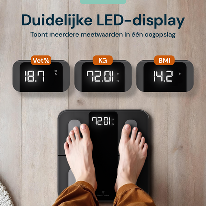 Sacoma Edge digitale personenweegschaal met helder LED display dat gewicht, BMI en vetpercentage direct toont