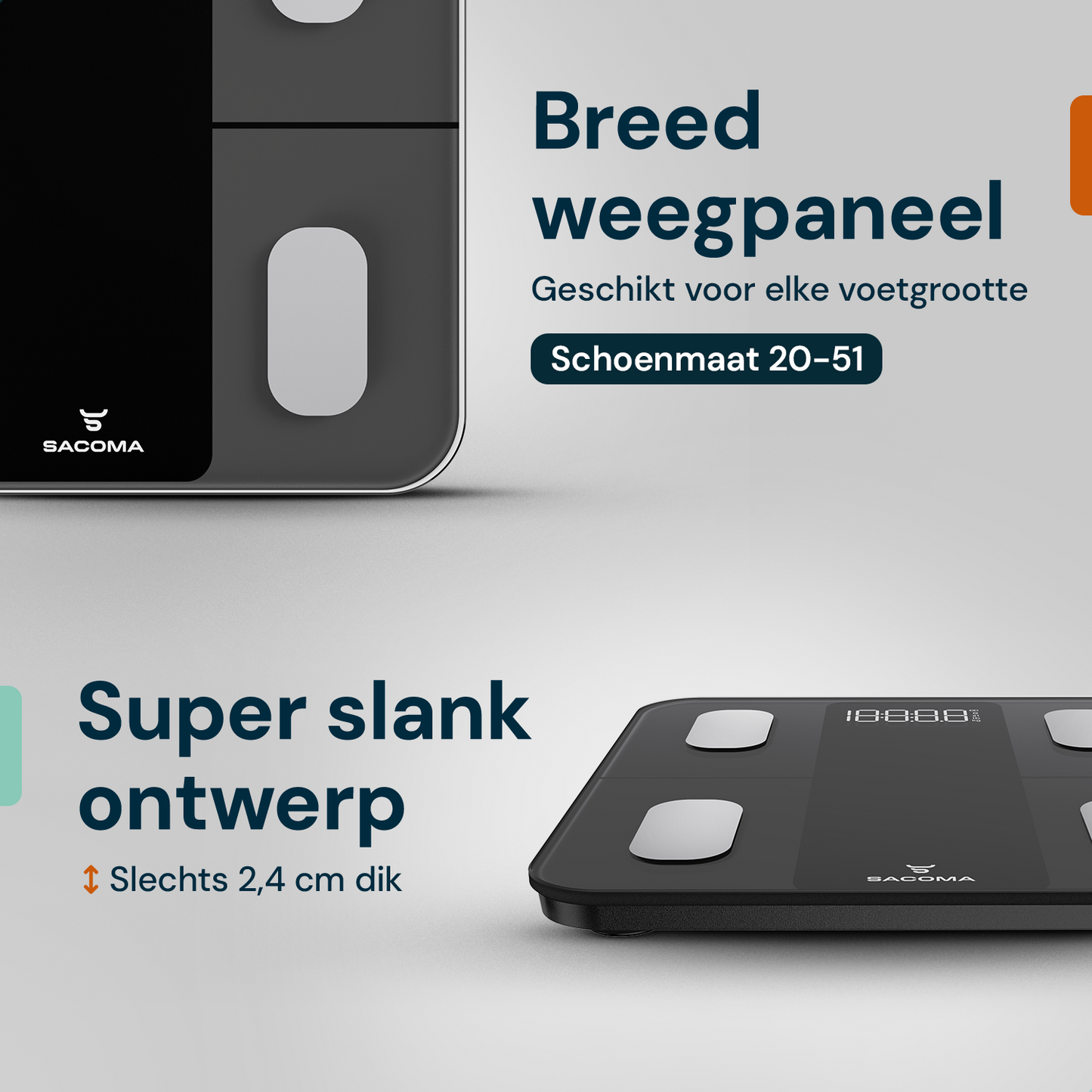 Sacoma Edge weegschaal met breed weegpaneel en slank ontwerp geschikt voor elke voetmaat