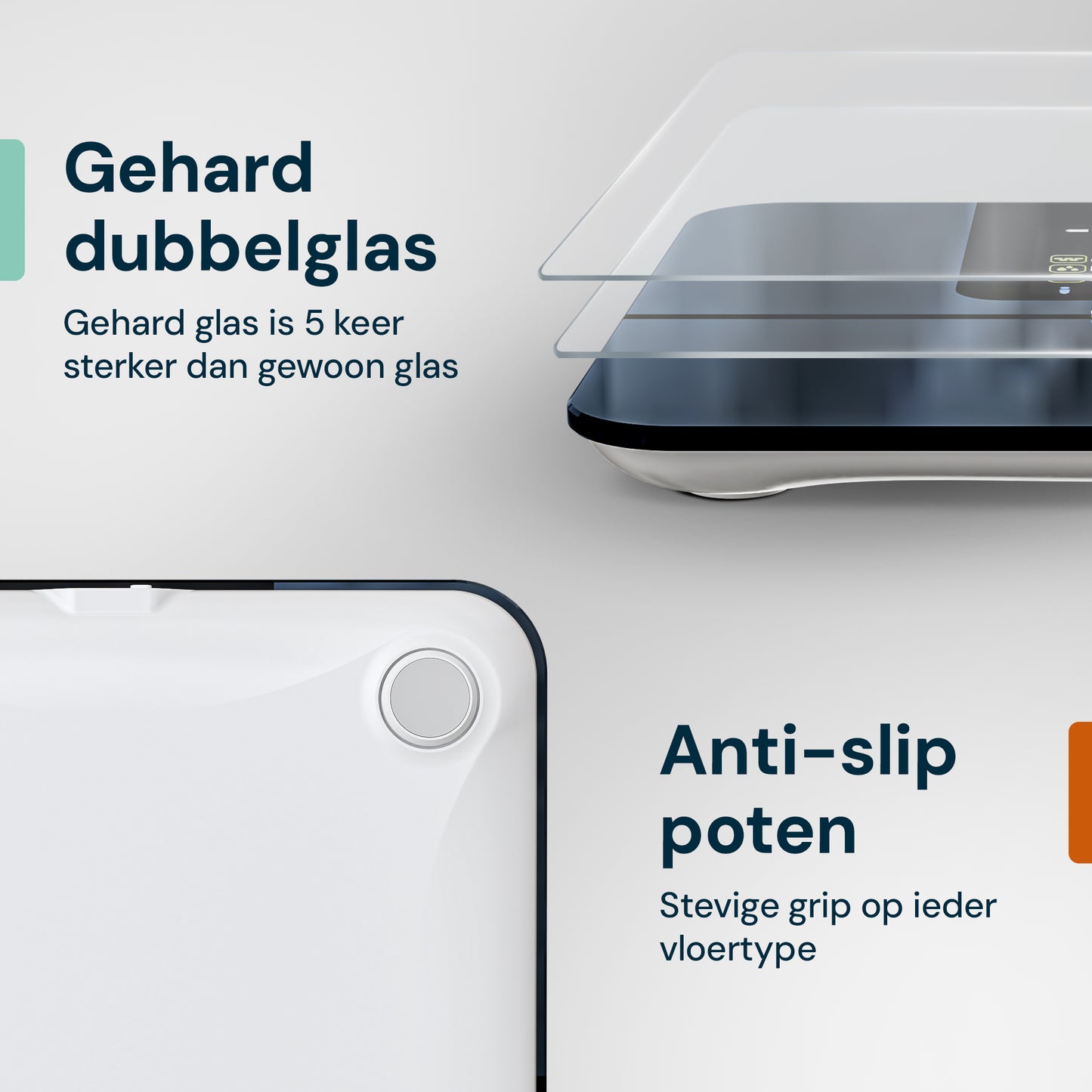 Personenweegschaal met gehard glas weegplatform en anti slip poten voor veilige en stabiele metingen
