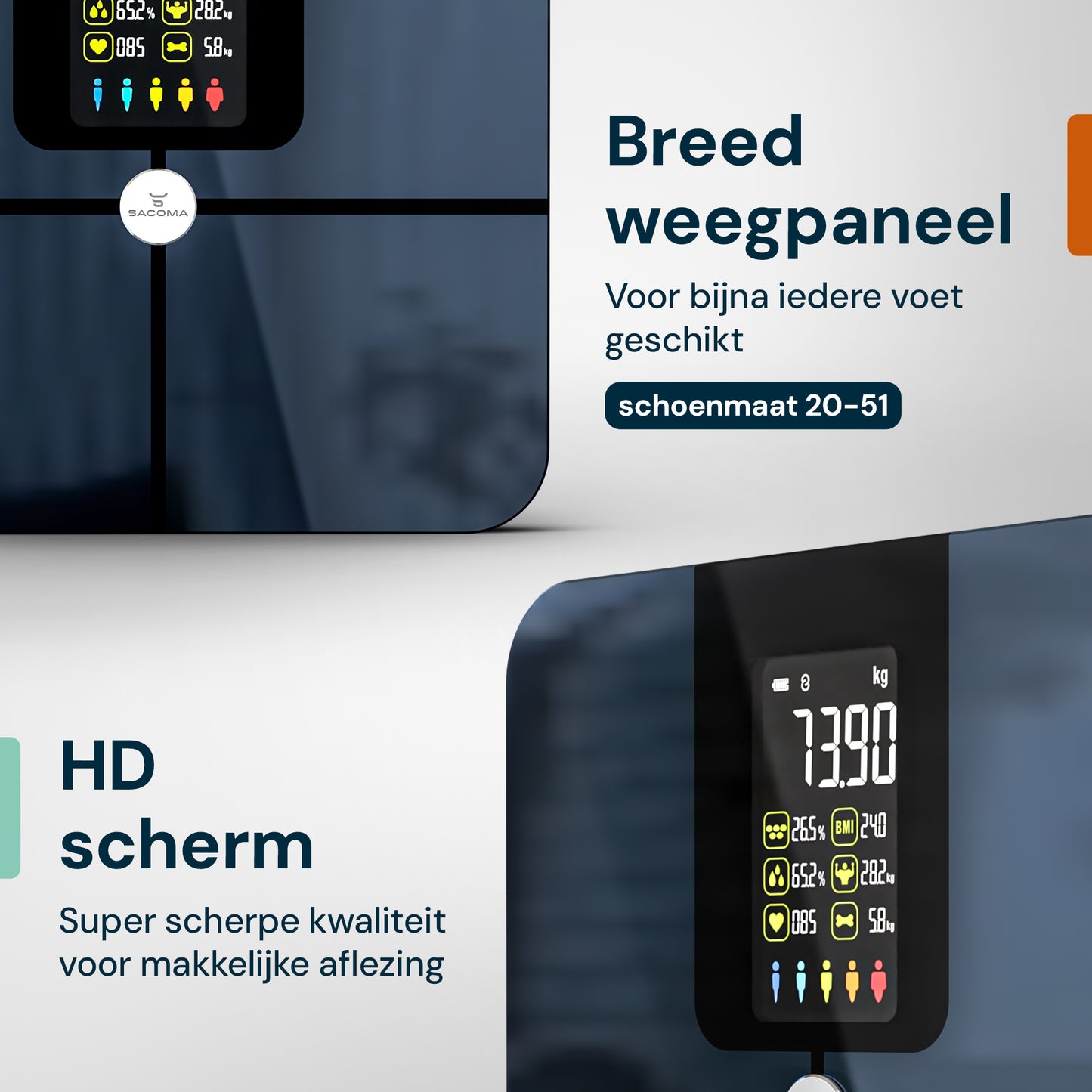 Sacoma slimme weegschaal met breed weegplatform en HD scherm voor duidelijke aflezing van gewicht en lichaamsanalyse
