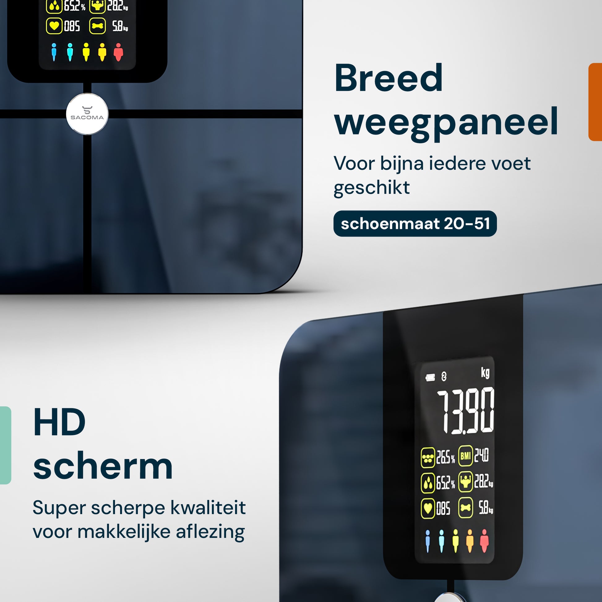 Sacoma slimme weegschaal met breed weegplatform en HD scherm voor duidelijke aflezing van gewicht en lichaamsanalyse