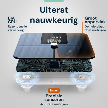 Slimme weegschaal met BIA sensor technologie, krachtige chip en precisie sensoren voor nauwkeurige meting van gewicht en lichaamswaarden
