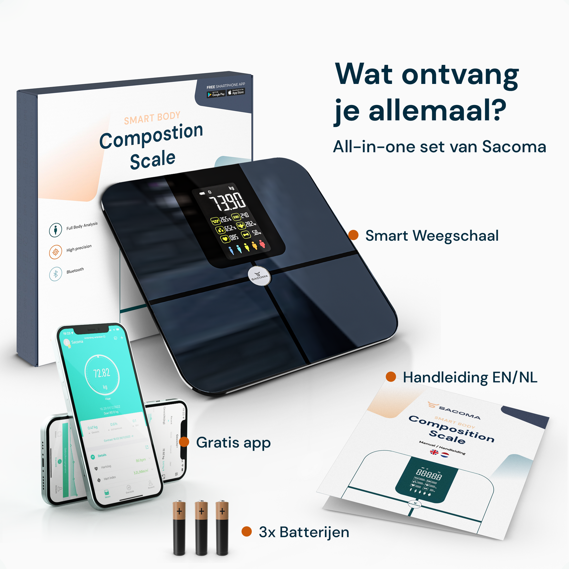 Sacoma slimme weegschaal inclusief gratis app, handleiding en batterijen als complete set voor lichaamsanalyse