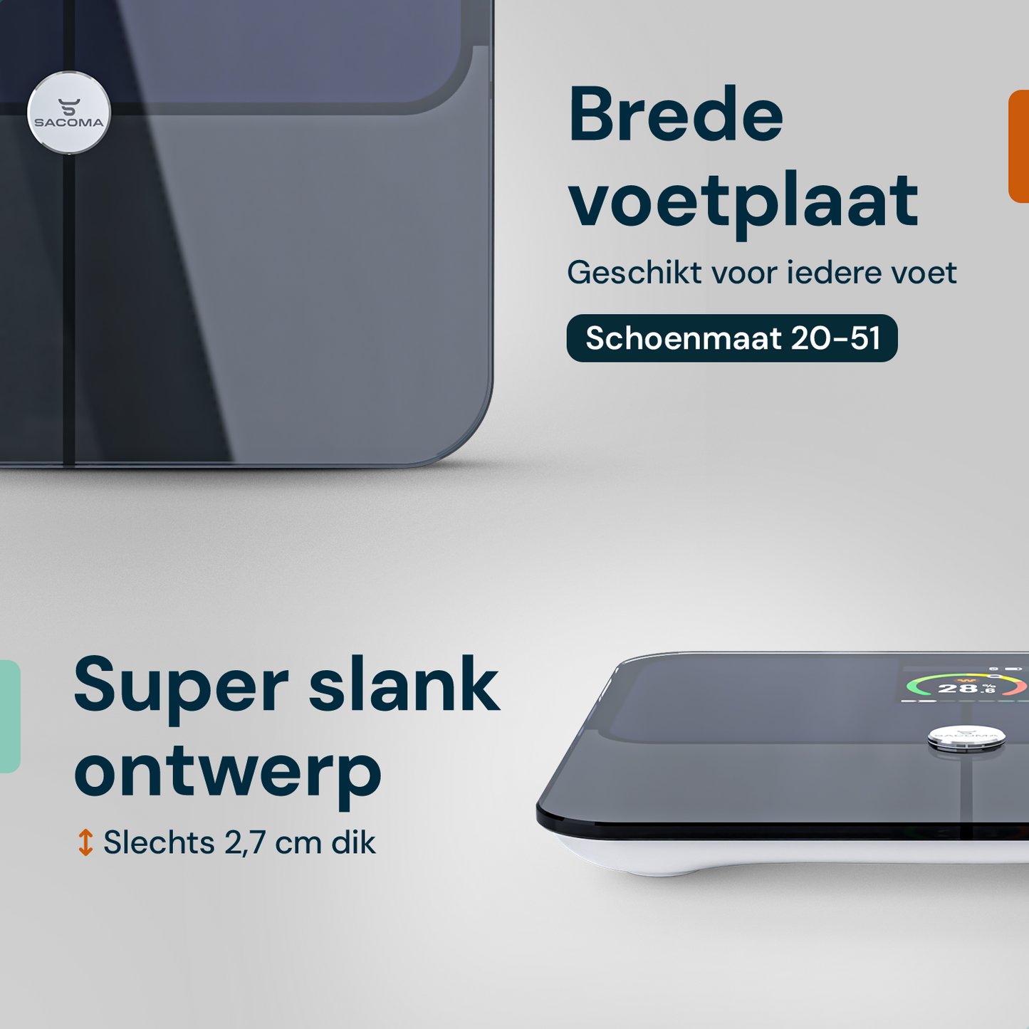 Sacoma Pro weegschaal met brede voetplaat en slank design geschikt voor alle schoenmaten en eenvoudig opbergen