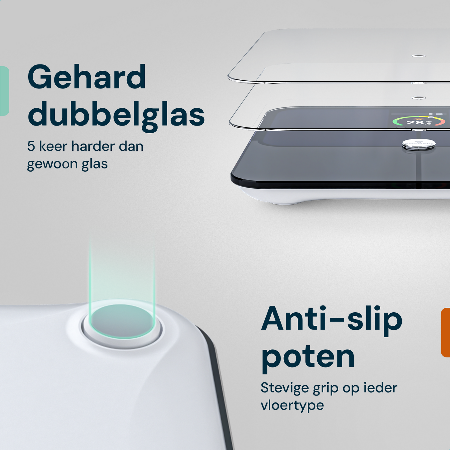 Sacoma Pro slimme weegschaal met gehard glas weegplatform en anti slip poten voor extra stabiliteit en grip