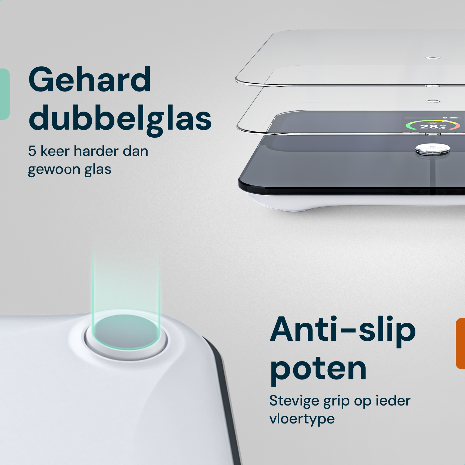 Sacoma Pro slimme weegschaal met gehard glas weegplatform en anti slip poten voor extra stabiliteit en grip