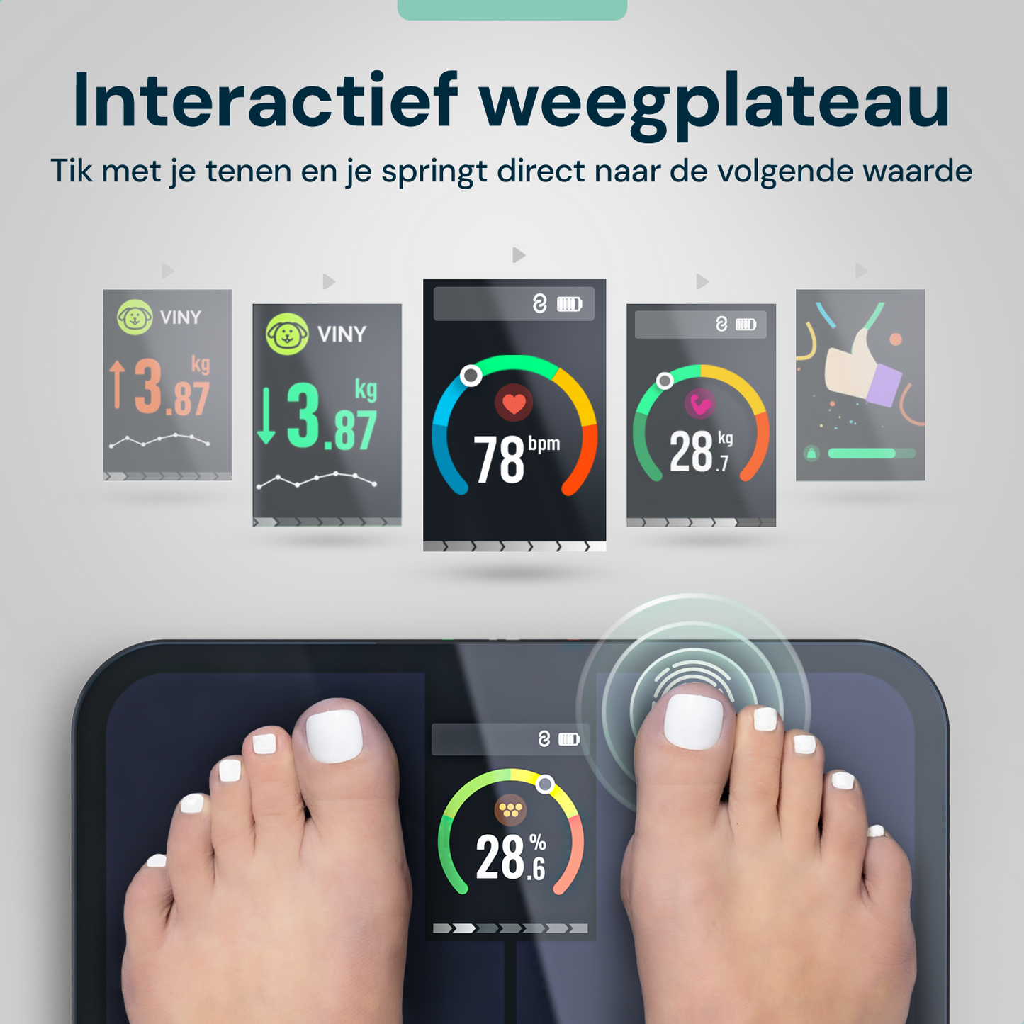 Sacoma Pro slimme weegschaal met interactief weegplateau waarmee je eenvoudig tussen lichaamswaarden navigeert