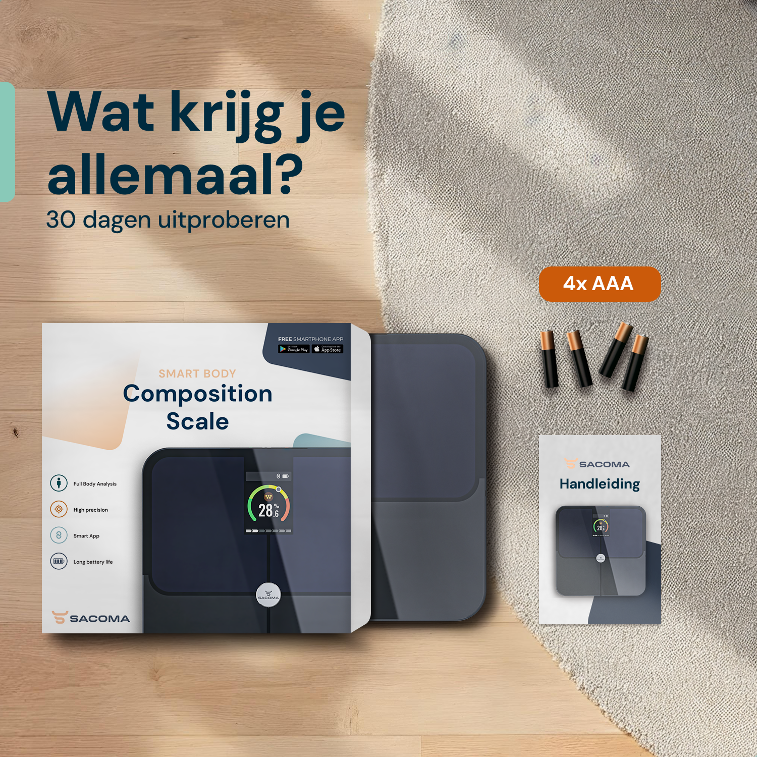 Sacoma Pro digitale personenweegschaal inclusief batterijen en handleiding direct klaar voor gebruik met 30 dagen proefperiode