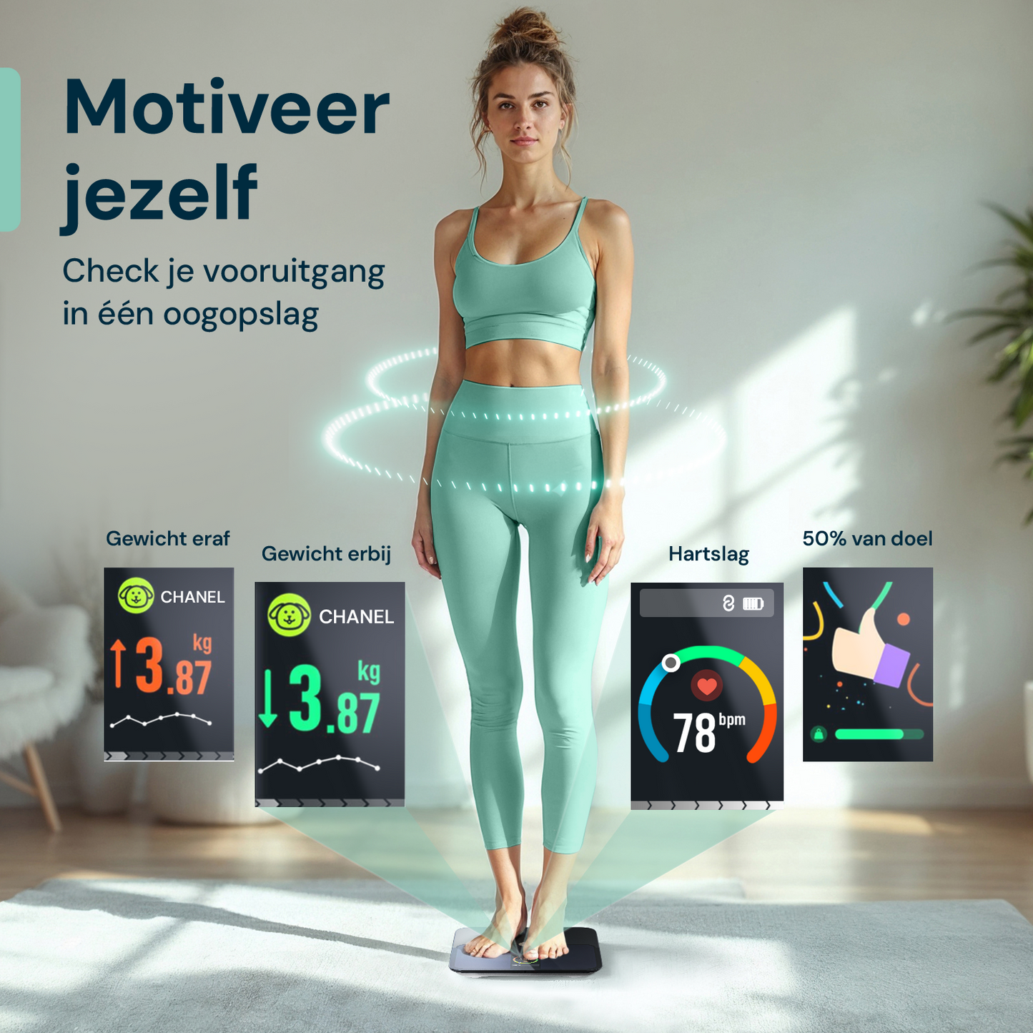 Digitale personenweegschaal met app die je voortgang en gezondheid inzichtelijk maakt inclusief gewicht, hartslag en statistieken