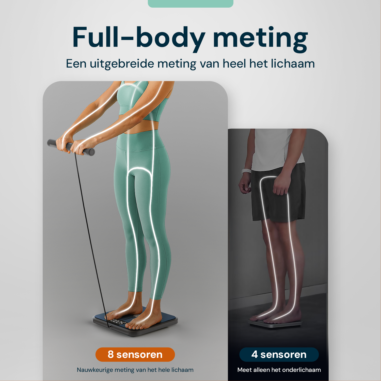 Personenweegschaal met 4 sensoren meet alleen onderlichaam in vergelijking met full body analyse
