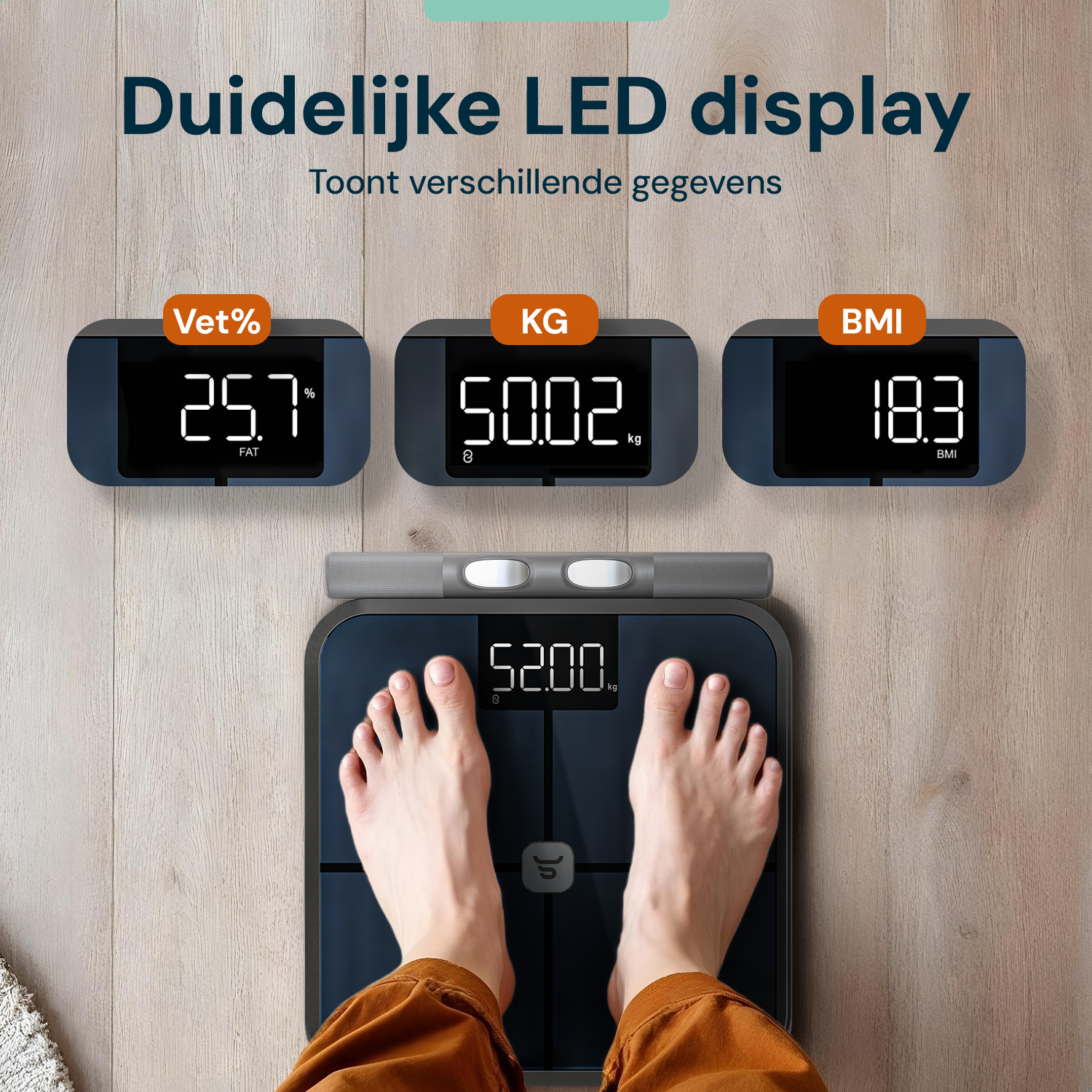 Duidelijk LED display met weergave van gewicht, BMI en vetpercentage
