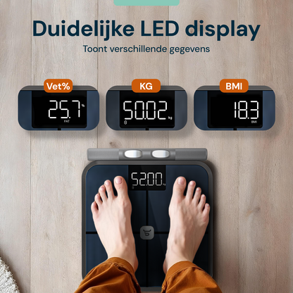 Duidelijk LED display met weergave van gewicht, BMI en vetpercentage