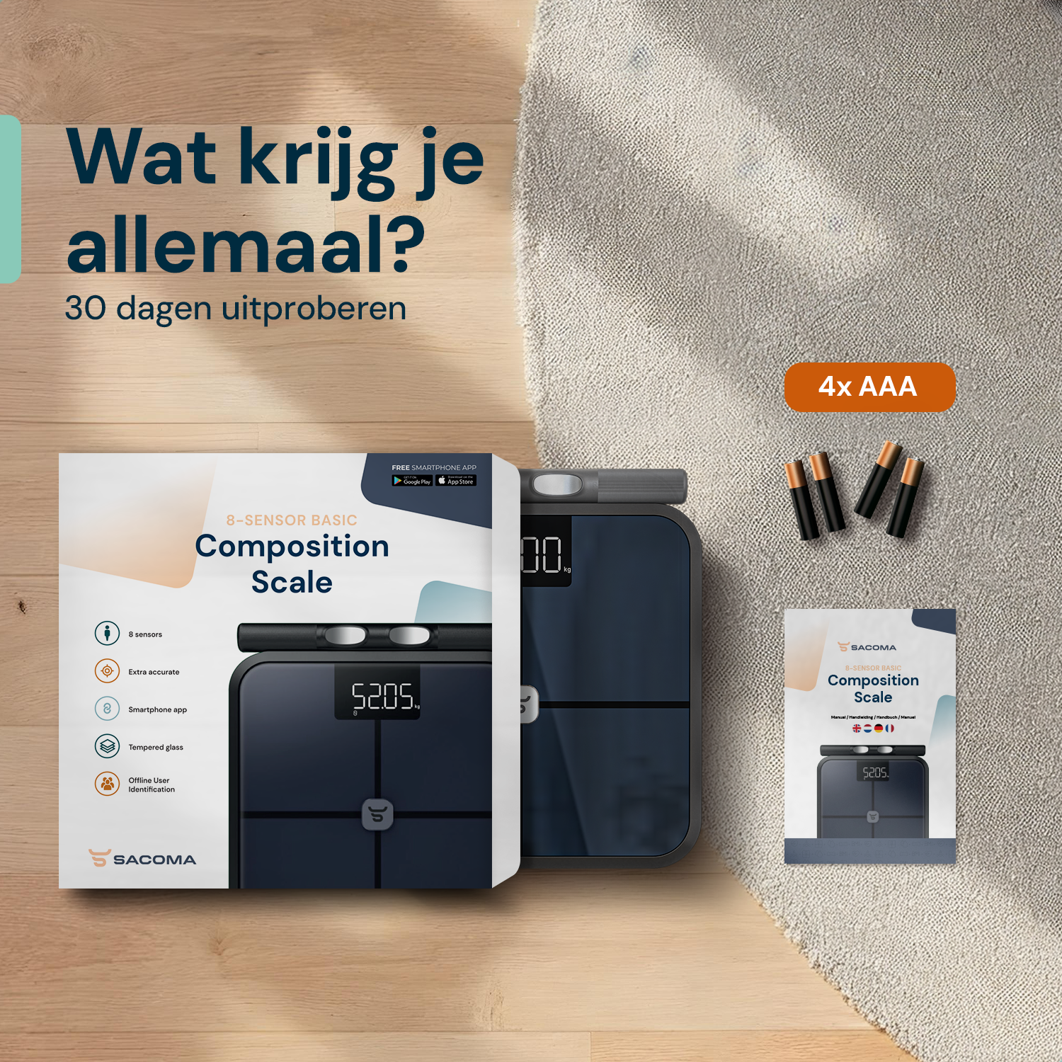 Verpakking met personenweegschaal, batterijen en handleiding