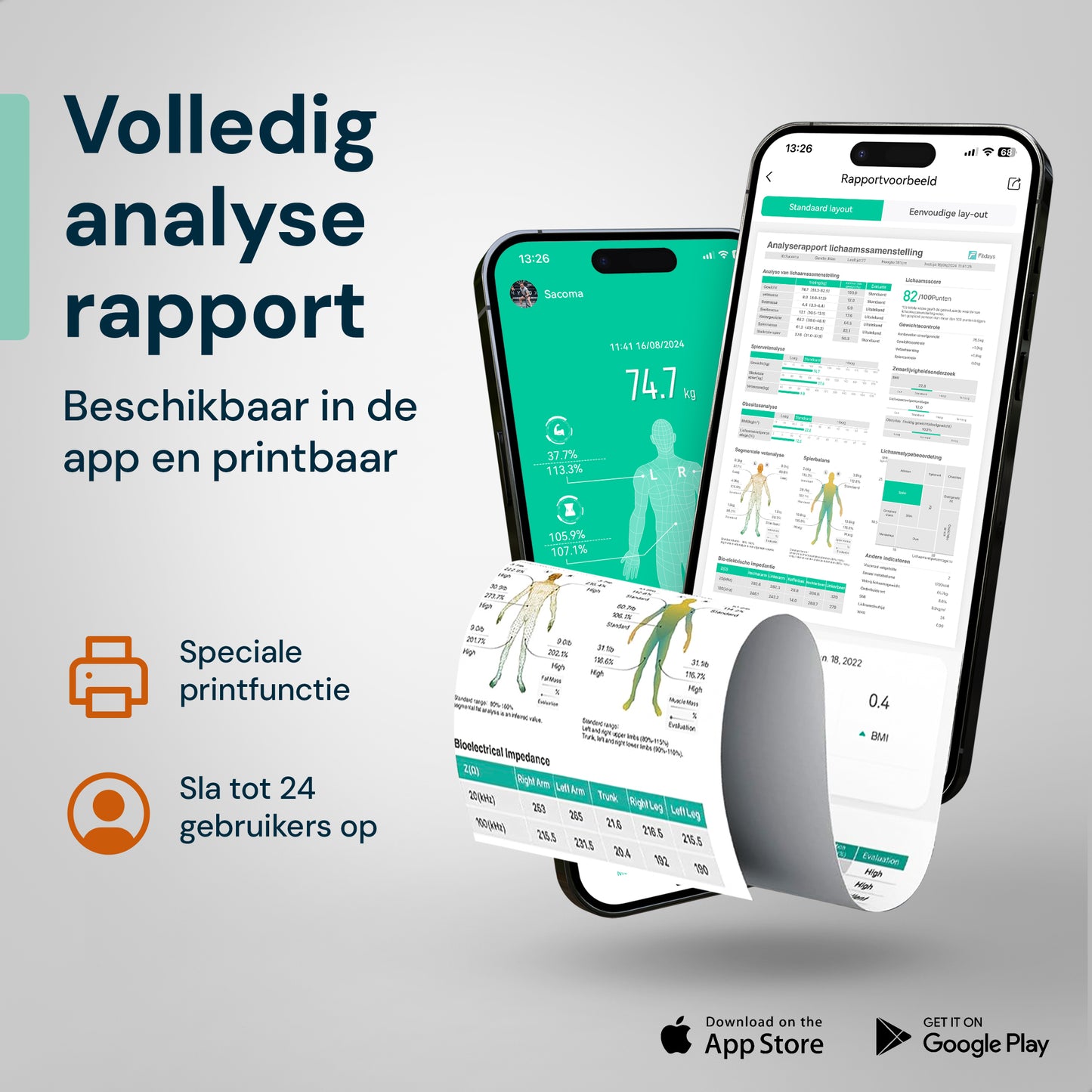 Sacoma Ultra slimme weegschaal met app en uitgebreid lichaamsanalyse rapport inclusief printfunctie en gebruikershistorie