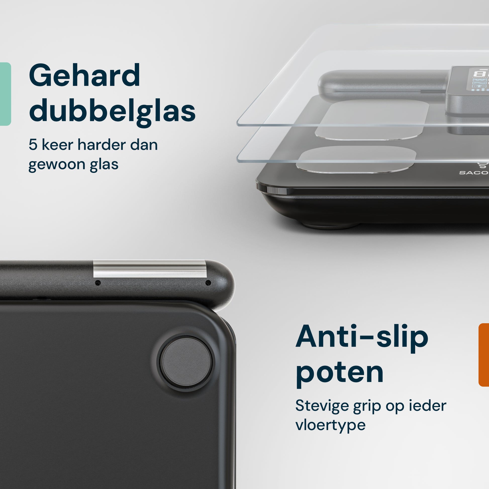 Sacoma Ultra slimme weegschaal met handgrepen, gehard glas en anti slip poten voor veilige en stabiele metingen