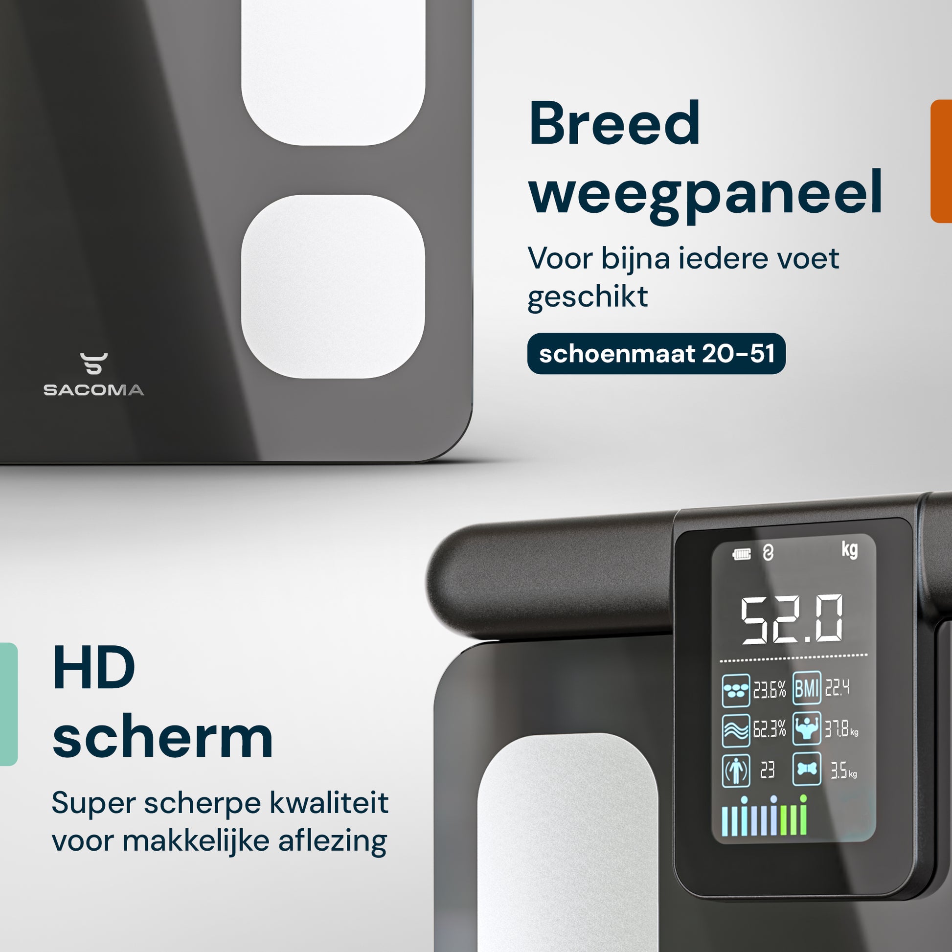 Sacoma Ultra slimme weegschaal met handgrepen, groot weegplatform en HD scherm voor duidelijke aflezing van lichaamsanalyse