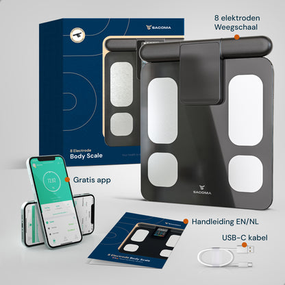 Sacoma Ultra slimme weegschaal met handgrepen en 8 elektroden inclusief gratis app, handleiding en USB-C oplaadkabel als complete set